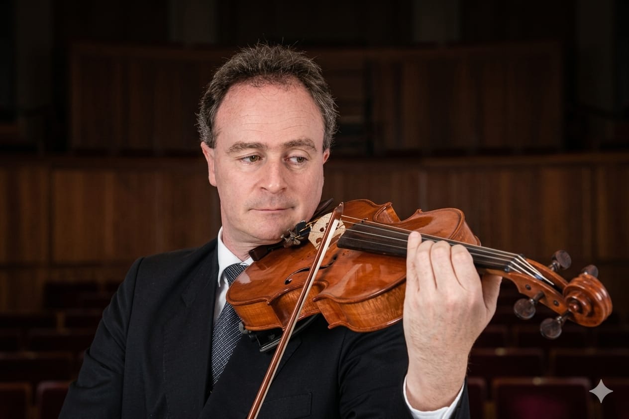 Carlos Zinanni de terno tocando violino em uma sala de concerto